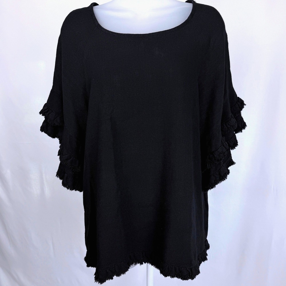 Umgee Black Linen Blend‎ Tunic Top S Ruffle Sleeve Frayed Hem Boho Relaxed Fit